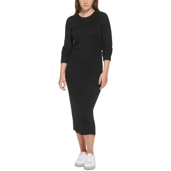 Calvin Klein Jeans Women's Ribbed Long Sleeve Crewneck Side Slit Dress - Black S - Picture 1 of 3
